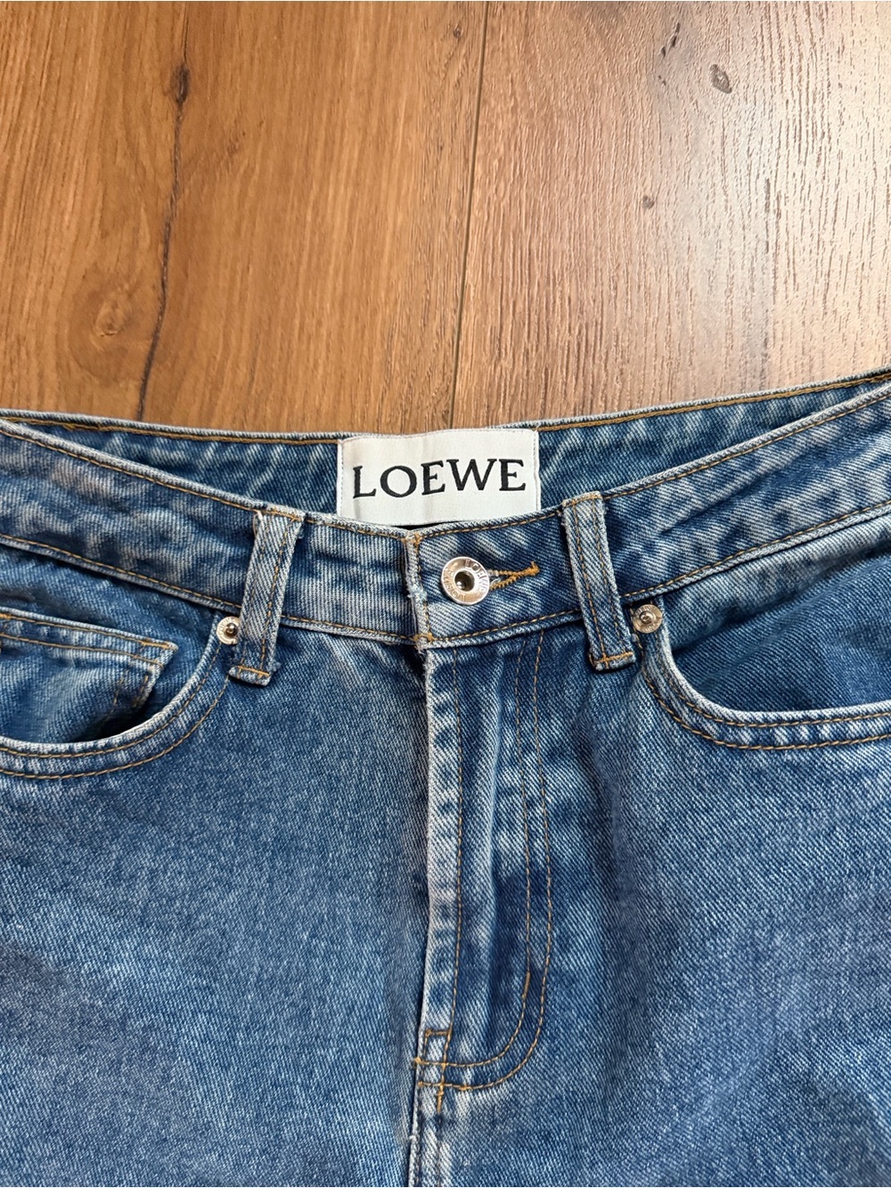 Loewe Medium Blue Straight-Leg Jeans with Tan Leather Patch - Picture 9 of 16